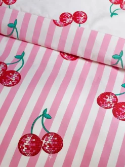Catherine Lansfield Pink Disco Cherries Stripes Reversible Duvet Cover Set^ Branded Bedlinen