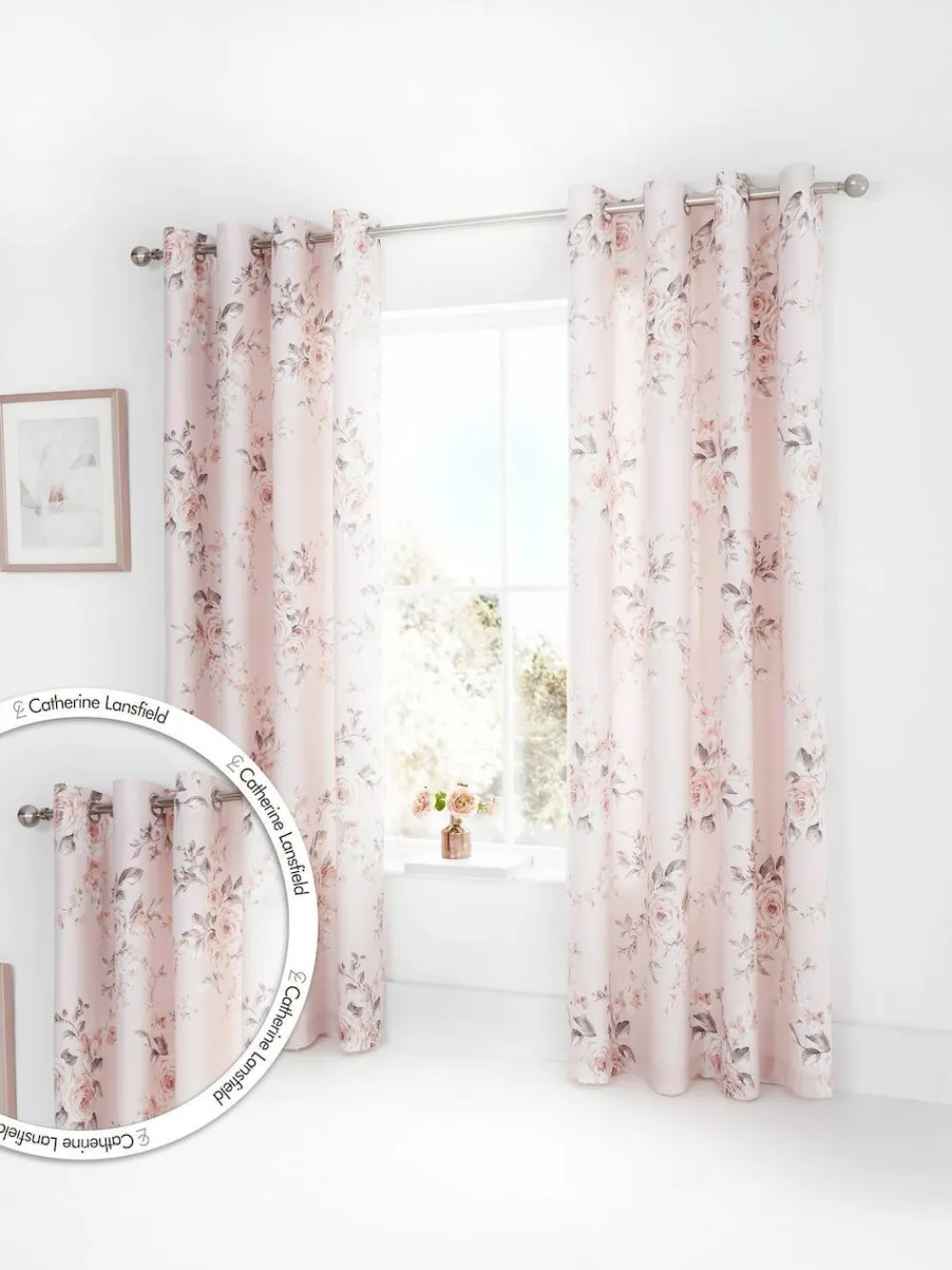 Discount Catherine Lansfield Canterbury Floral Eyelet Curtains Pink
