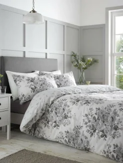 Catherine Lansfield Silver Grey Elinda Floral Reversible Duvet Cover Set