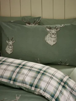 Catherine Lansfield Soft Green Christmas Stag Check Reversible Duvet Cover Set^ Branded Bedlinen