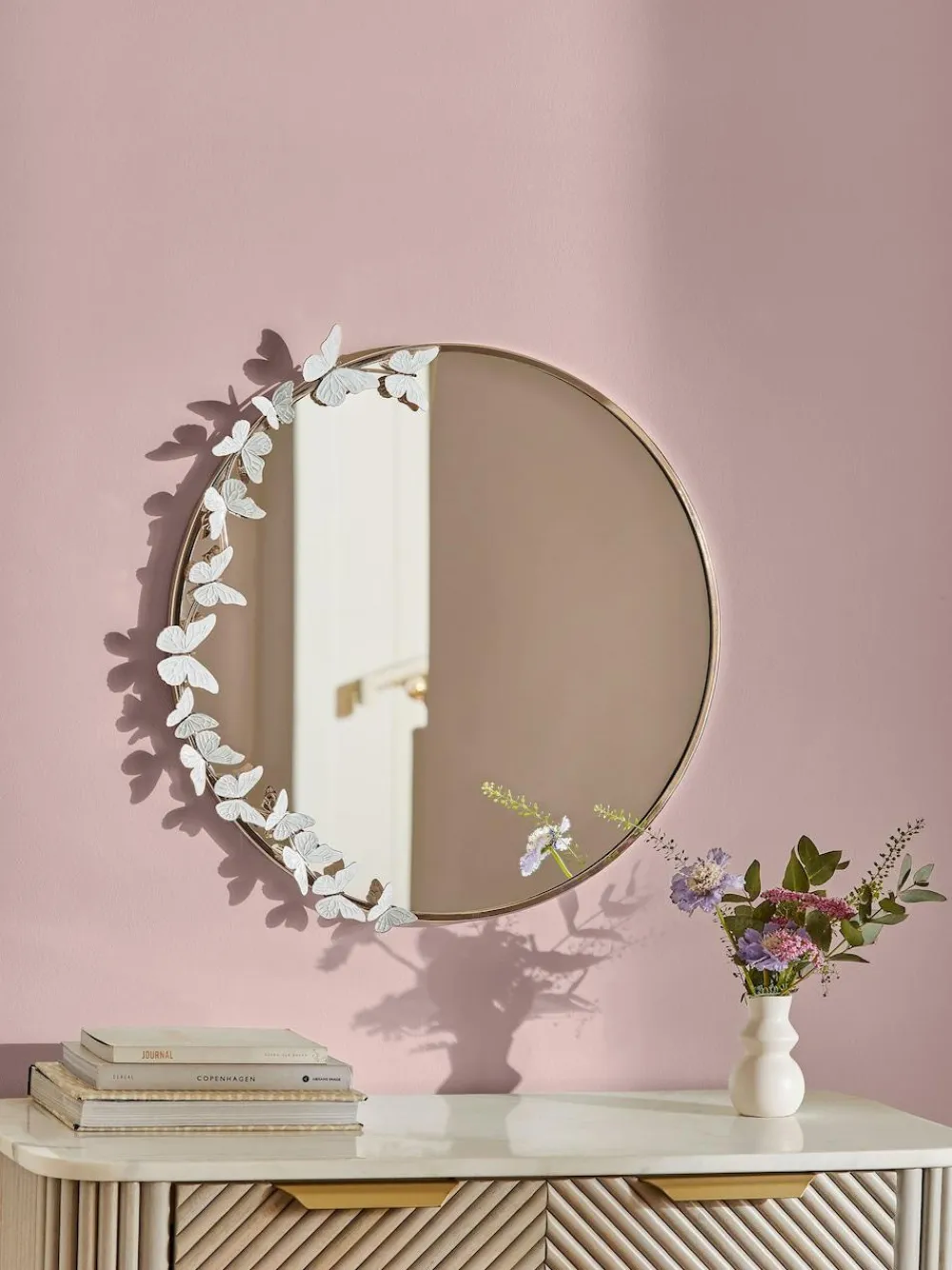 Next Champagne Gold Round Butterfly Wall Mirror