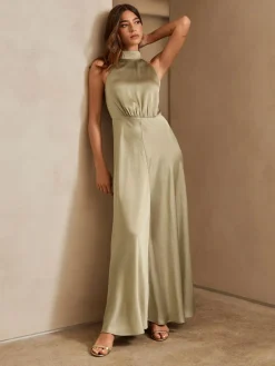 Sale Next Champagne Gold Textured Satin Halter Sleeveless Midi Dress