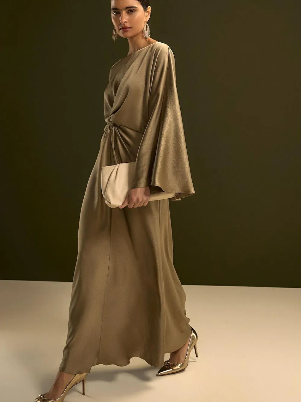 Online Next Twist Front Long Sleeve Satin Maxi Dress Champagne Gold