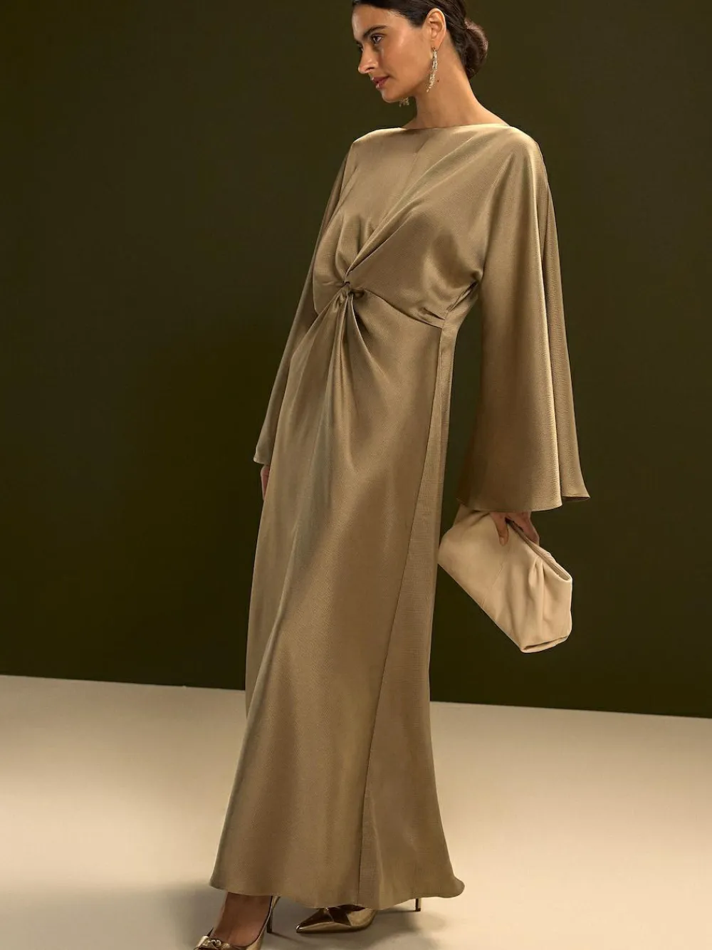 Online Next Twist Front Long Sleeve Satin Maxi Dress Champagne Gold