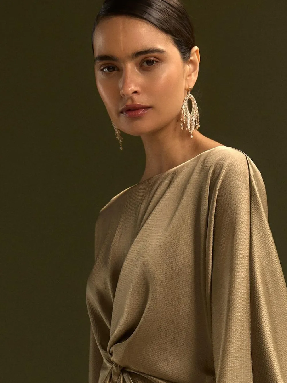 Online Next Twist Front Long Sleeve Satin Maxi Dress Champagne Gold