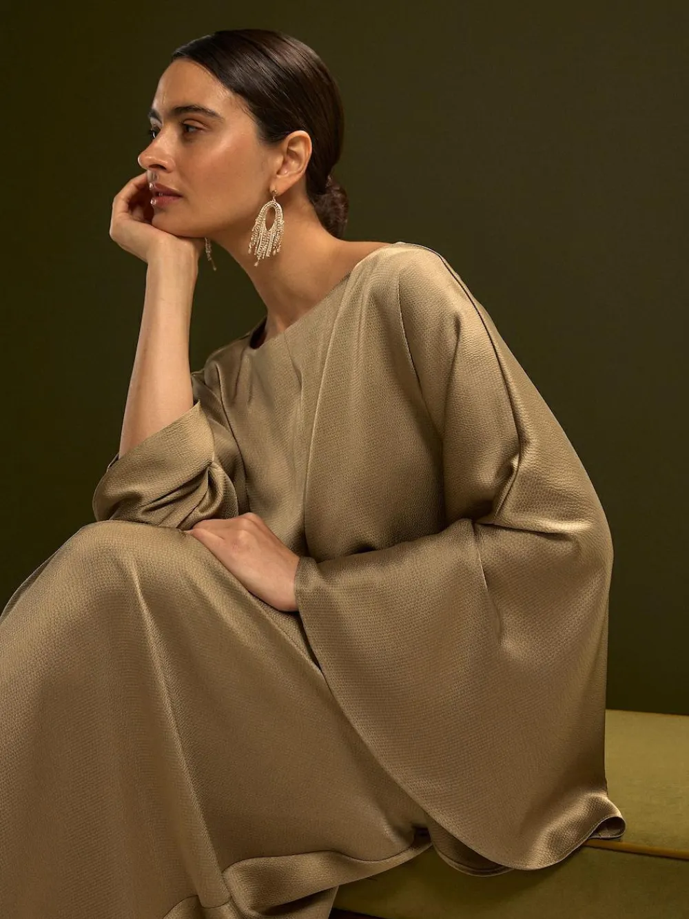 Online Next Twist Front Long Sleeve Satin Maxi Dress Champagne Gold