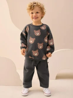Outlet Next Charcoal Grey Bear All Over Single Sweatshirt And Stripe Joggers Set (3mths-7yrs)