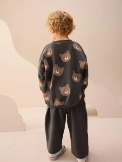 Outlet Next Charcoal Grey Bear All Over Single Sweatshirt And Stripe Joggers Set (3mths-7yrs)