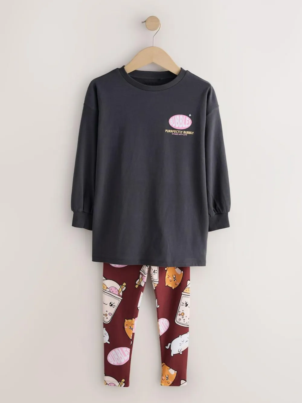 Next Charcoal Grey Bubble Tea Graphic Print Top and Leggings Set (3-16yrs)^ Nightwear|T-Shirts