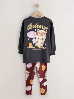 Next Charcoal Grey Bubble Tea Graphic Print Top and Leggings Set (3-16yrs)^ Nightwear|T-Shirts