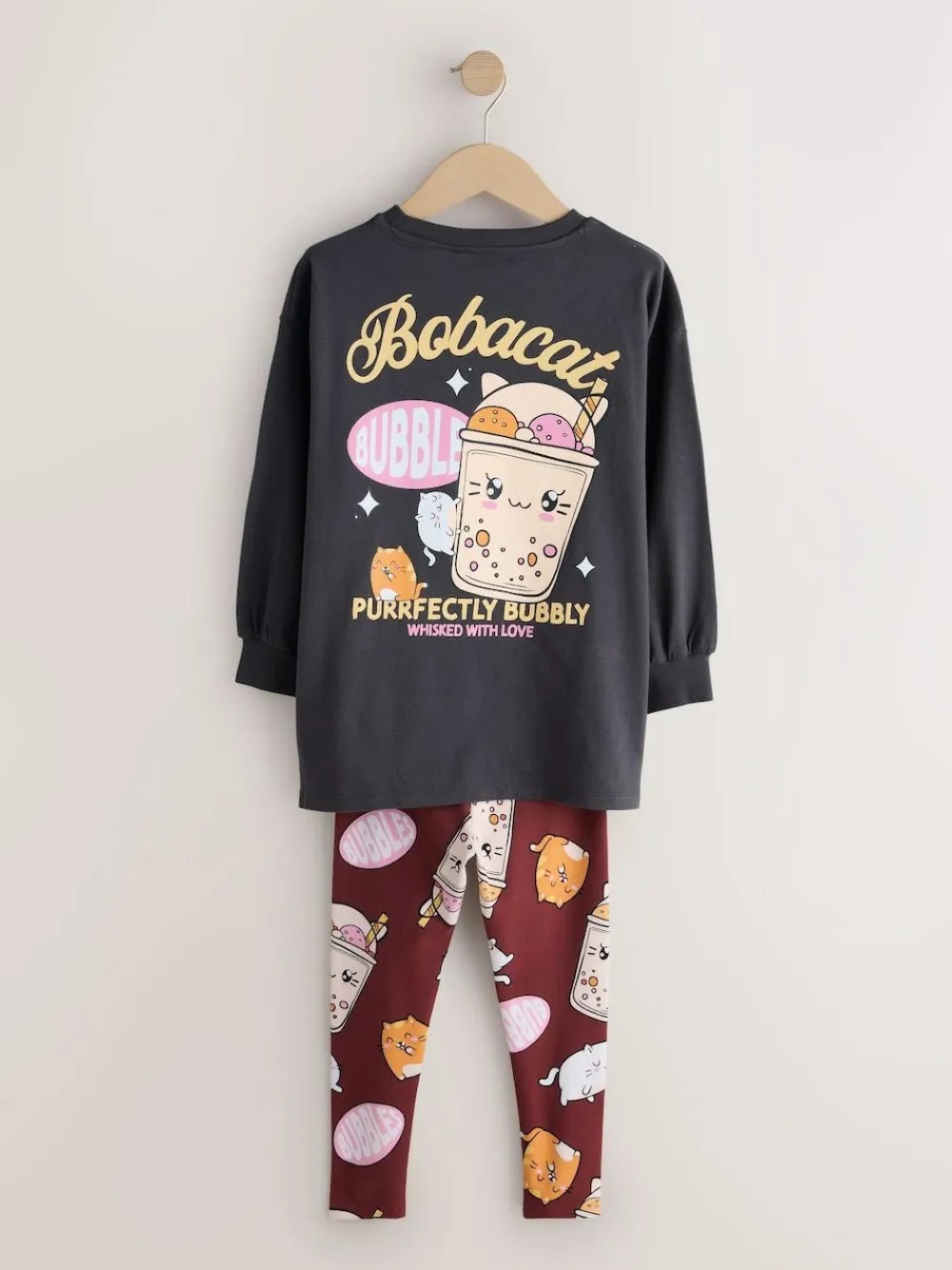 Next Charcoal Grey Bubble Tea Graphic Print Top and Leggings Set (3-16yrs)^ Nightwear|T-Shirts