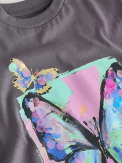 Next Charcoal Grey Butterfly Sequin Oversized T-Shirt (3-16yrs)^ Nightwear|Tops