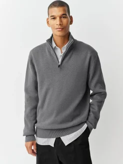 Next Charcoal Grey Plain N.Premium Regular Fit 100% Cotton Premium Quarter Zip Jumper^ Knitwear|Knitwear