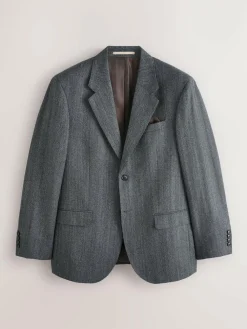 Next Charcoal Grey Regular Fit Signature Marzotto 100% Italian Wool Herringbone Suit Jacket^ Grey Suits