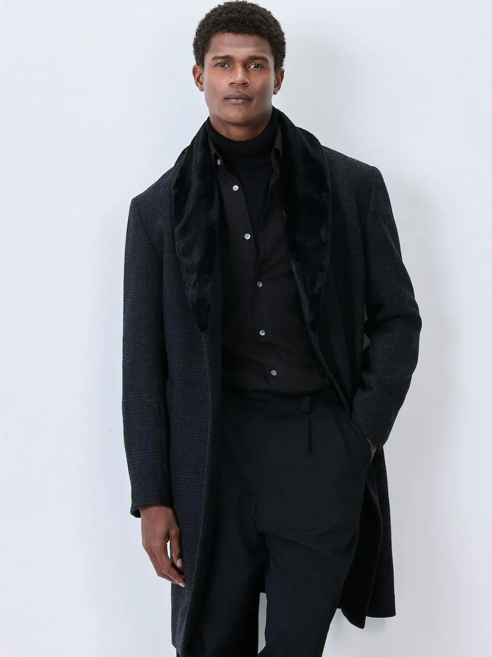 New Next Charcoal Grey Wool Rich Check Epsom Coat With Fur Trim Lapel