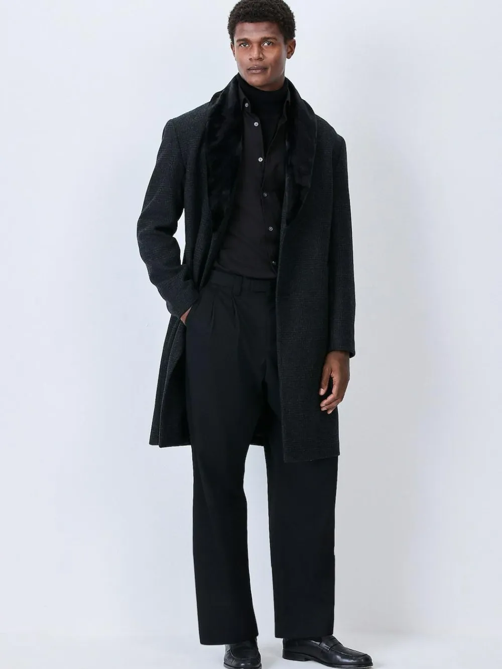 New Next Charcoal Grey Wool Rich Check Epsom Coat With Fur Trim Lapel