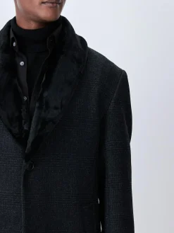 New Next Charcoal Grey Wool Rich Check Epsom Coat With Fur Trim Lapel