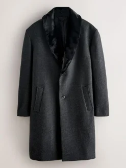 New Next Charcoal Grey Wool Rich Check Epsom Coat With Fur Trim Lapel