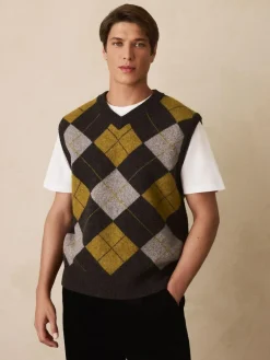 Next Charcoal Grey/Ochre Yellow Relaxed Fit Argyle Knitted V-Neck Tank with Wool^ Knitwear|Knitwear