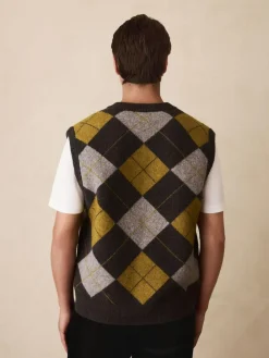 Next Charcoal Grey/Ochre Yellow Relaxed Fit Argyle Knitted V-Neck Tank with Wool^ Knitwear|Knitwear