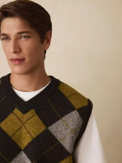 Next Charcoal Grey/Ochre Yellow Relaxed Fit Argyle Knitted V-Neck Tank with Wool^ Knitwear|Knitwear