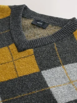 Next Charcoal Grey/Ochre Yellow Relaxed Fit Argyle Knitted V-Neck Tank with Wool^ Knitwear|Knitwear