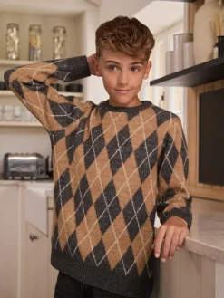 Outlet Next Knitted Crew Neck Jumper (3-16yrs) Charcoal Grey/Tan Brown Argyle