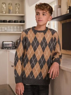 Outlet Next Knitted Crew Neck Jumper (3-16yrs) Charcoal Grey/Tan Brown Argyle