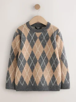 Outlet Next Knitted Crew Neck Jumper (3-16yrs) Charcoal Grey/Tan Brown Argyle