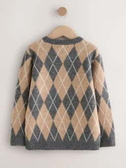 Outlet Next Knitted Crew Neck Jumper (3-16yrs) Charcoal Grey/Tan Brown Argyle