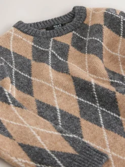Outlet Next Knitted Crew Neck Jumper (3-16yrs) Charcoal Grey/Tan Brown Argyle