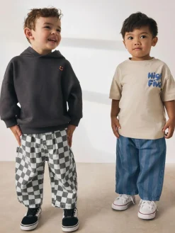 Next Checkerboard/Blue Stripe Pull On Wide Trousers 2 Pack (3mths-7yrs)^BOY Pants & Leggings|Multipacks