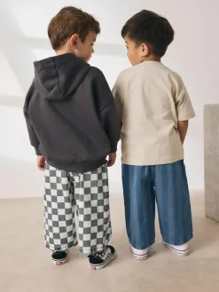 Next Checkerboard/Blue Stripe Pull On Wide Trousers 2 Pack (3mths-7yrs)^BOY Pants & Leggings|Multipacks