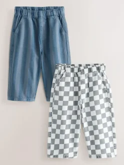 Next Checkerboard/Blue Stripe Pull On Wide Trousers 2 Pack (3mths-7yrs)^BOY Pants & Leggings|Multipacks