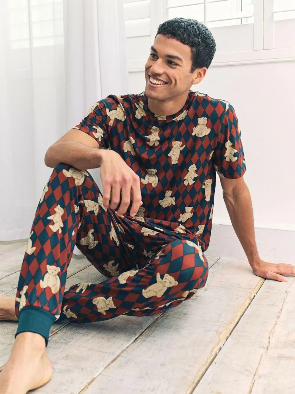 Chelsea Peers Blue Argyle Bear Print Long Pyjamas Set^ Pyjamas