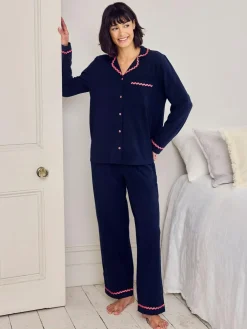 Chelsea Peers Blue Cotton Embroidered Good Morning Long Pyjamas Set^Women Pyjamas