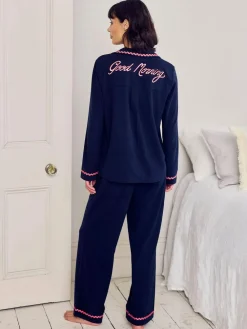 Chelsea Peers Blue Cotton Embroidered Good Morning Long Pyjamas Set^Women Pyjamas