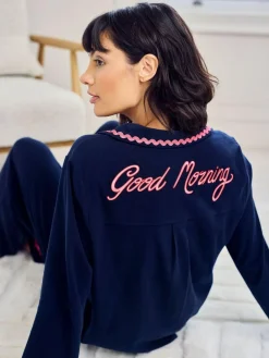 Chelsea Peers Blue Cotton Embroidered Good Morning Long Pyjamas Set^Women Pyjamas