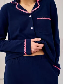 Chelsea Peers Blue Cotton Embroidered Good Morning Long Pyjamas Set^Women Pyjamas