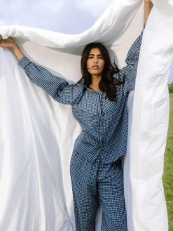 Hot Chelsea Peers Blue Cotton Gingham Check Long Pyjamas & Scrunchie Set