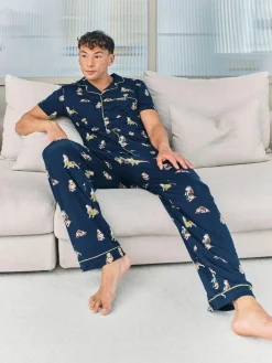 New Chelsea Peers Blue Country Hound Dog Print Long Pyjamas Set