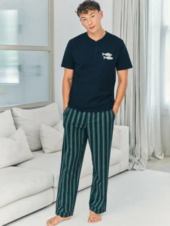 Chelsea Peers Blue Embroidered Fish Henley Stripe Long Pyjama Set^ Pyjamas