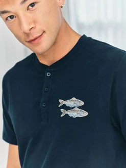 Chelsea Peers Blue Embroidered Fish Henley Stripe Long Pyjama Set^ Pyjamas