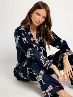 Hot Chelsea Peers Blue Satin Zebra Print Long Pyjama Set