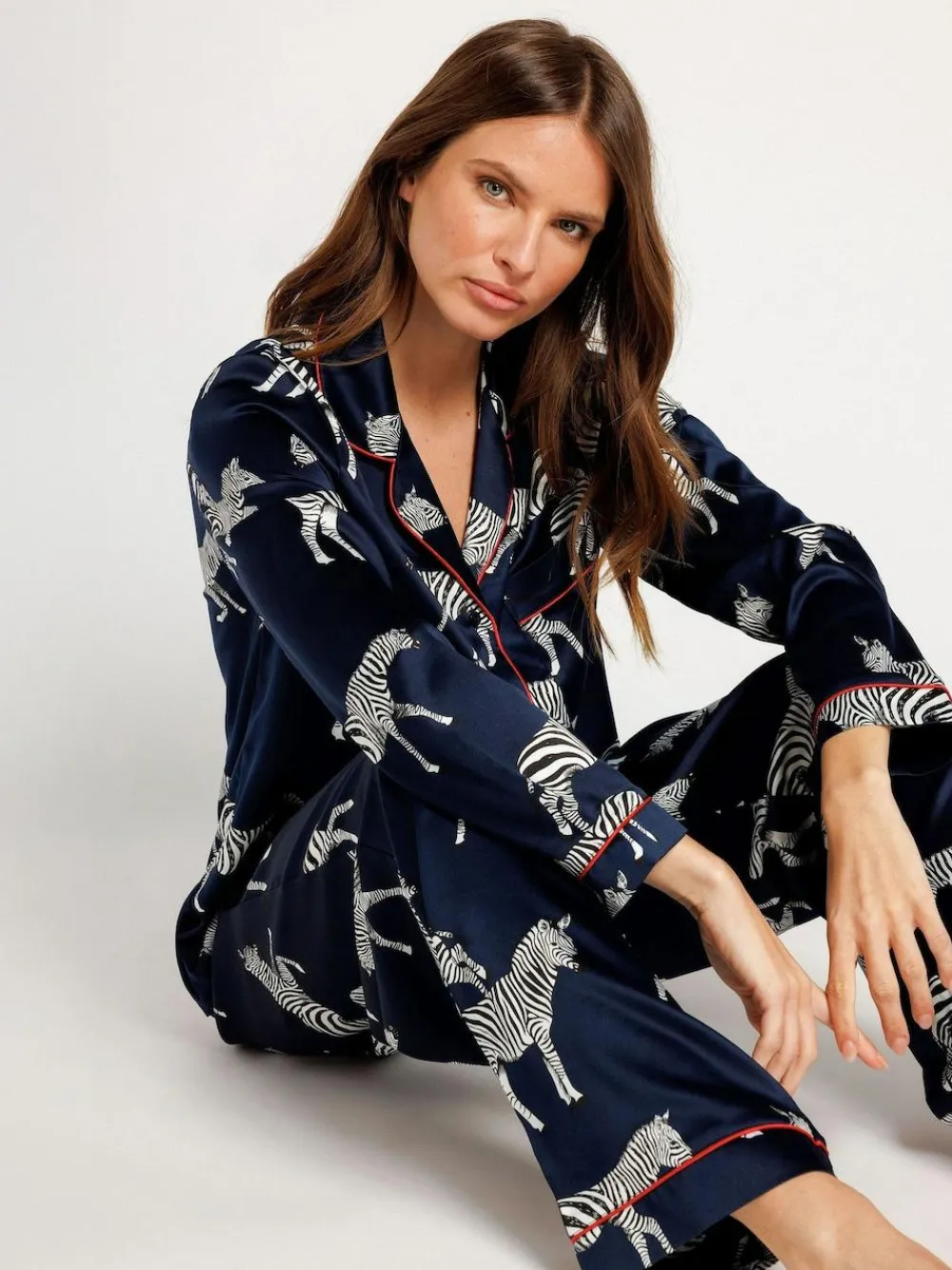 Hot Chelsea Peers Blue Satin Zebra Print Long Pyjama Set