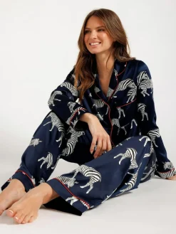 Hot Chelsea Peers Blue Satin Zebra Print Long Pyjama Set