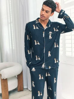 Sale Chelsea Peers Blue Terrier Dog Stripe Print Long Pyjamas Set