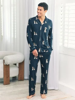 Sale Chelsea Peers Blue Terrier Dog Stripe Print Long Pyjamas Set
