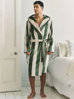Chelsea Peers Green Fleece Stripe Hooded Dressing Gown^ Bathrobe
