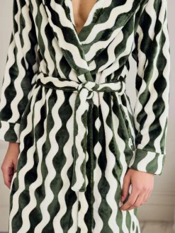 Chelsea Peers Green Fleece Wavy Stripe Hooded Dressing Gown^ Bathrobe